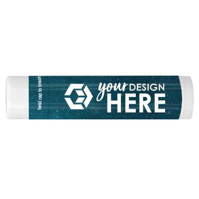 Blue background business lip balm with a customized logo.