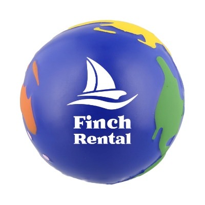Blue foam stress ball with a custom logo.