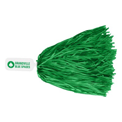 Green plastic pom pom with a personalized logo.