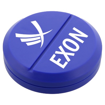 Blue plastic pill case with a personalized logo.