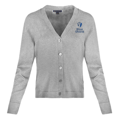 Personalized gray cardigan with full color logo.