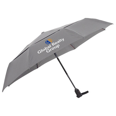 Gray shed rain vortex folding umbrella with custom full color imprint.