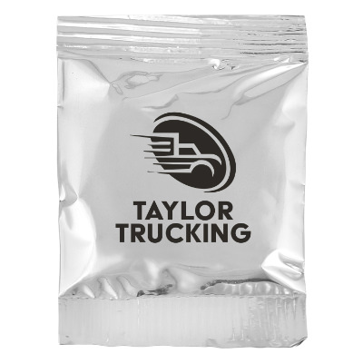 Silver plastic drink mix pack with a custom logo.