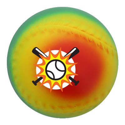 Rainbow foam stress ball with a custom logo.