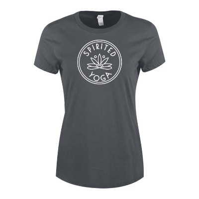 Charcoal women's tee with custom logo.