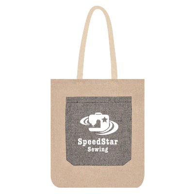 Natural with black recycled cotton pocket tote bag with custom logo.