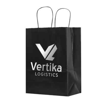 Paper red gloss colored foil stamped recyclable bag with imprint.