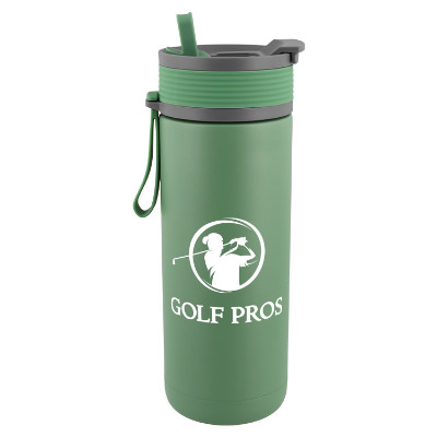 Green tumbler with custom logo in 20 oz.
