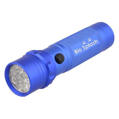 Blue aluminum flashlight with a branded logo.