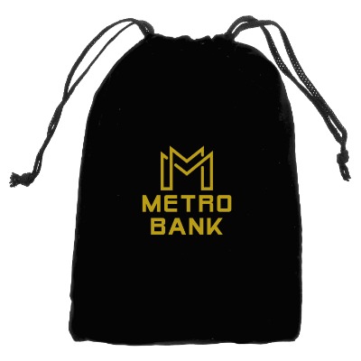 Black velour bag with a branded imprint.