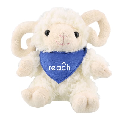 Plush and cotton ram with royal blue bandana with branded imprint.