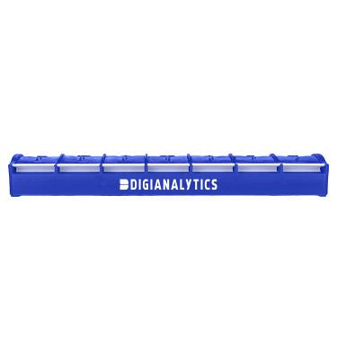 Plastic blue pill box with a personalized logo.
