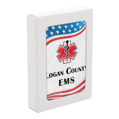 Patriotic paper playing cards with a custom logo.
