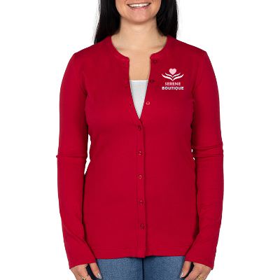Red full color personalized ladies cardigan.