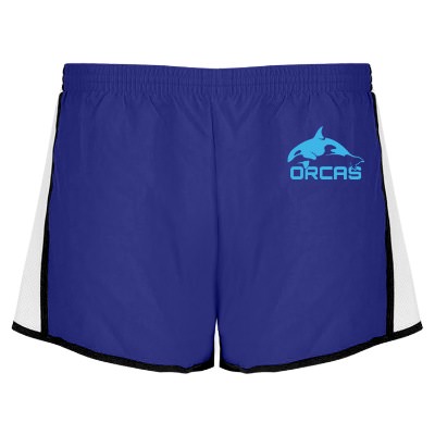 Custom purple with white and black ladies' short with imprint.