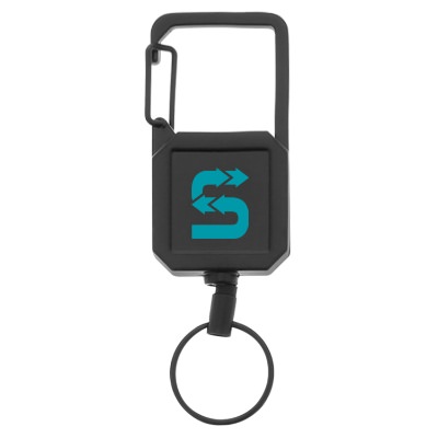 Silver metal badge reel carabiner with custom one color imprint.