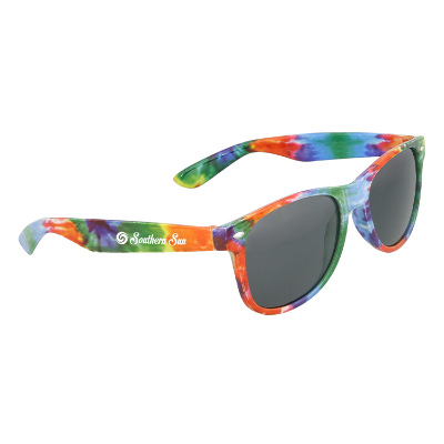 Tie dye plastic sunglasses with a personalized logo.