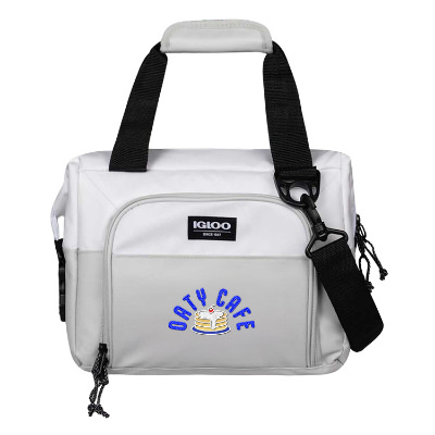 White polyester cooler with a branded logo.