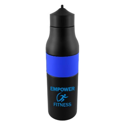Black and blue water bottle with custom logo in 18 oz.