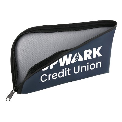 Blue vinyl pouch with a branded logo.