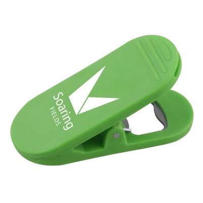 Plastic blue bottle opener magnet chip clip with custom imprint.
