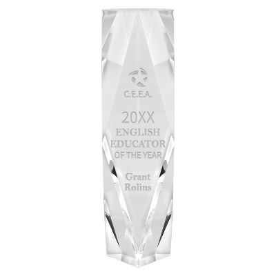 Crystal award with custom laser engraved imprint.