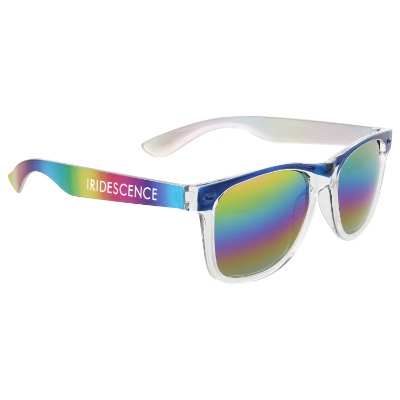 Rainbow sunglasses with custom imprint on one temple of the sunglasses.