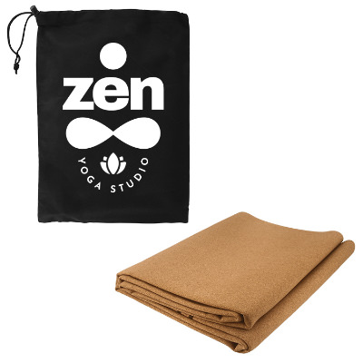 Cork yoga mat with custom logo on case.
