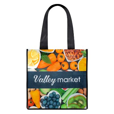 Non-woven PET full-color sublimation tote bag with 6-inch gussets and reinforced handles.