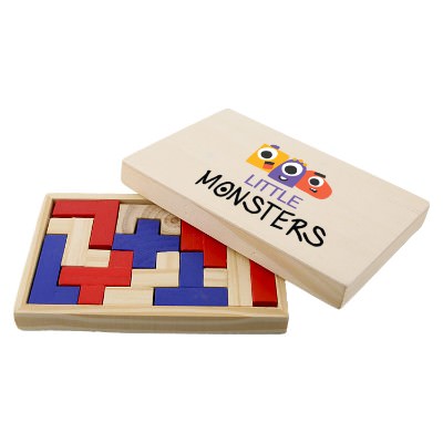 Shapes puzzle for desk made of wood with custom full color promotional imprint.