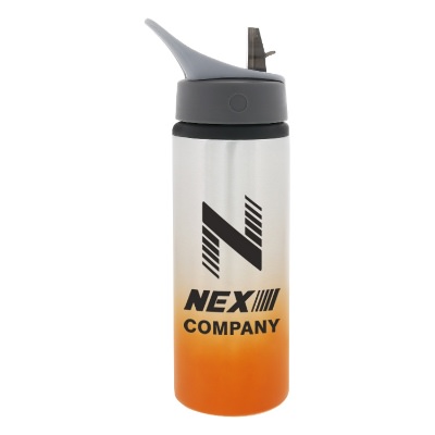 Aluminum water bottle with custom advertising and flip straw lid in 25 ounces.