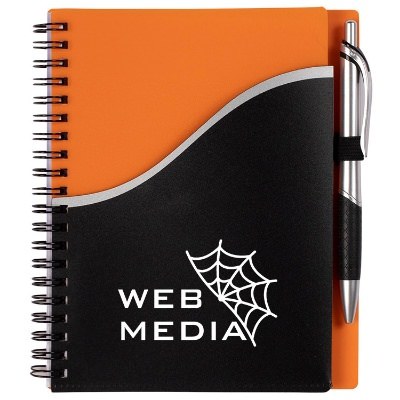 Personalized orange notebook with front pocket and pen.