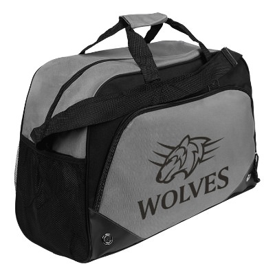 Gray with black gym bag with a black imprint.