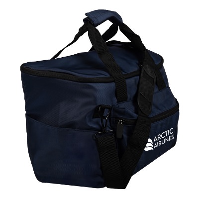Dark blue duffel bag with personalized white imprint.