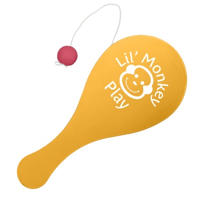 Yellow plastic paddle ball game with a personalized imprint.