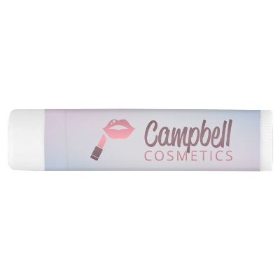 White plastic lip balm with a custom imprint.