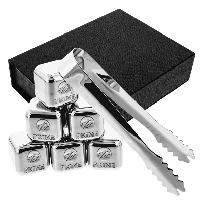 Stainless ice cube with custom logo.