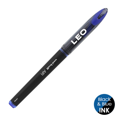 Blue plastic pen with a custom imprint.