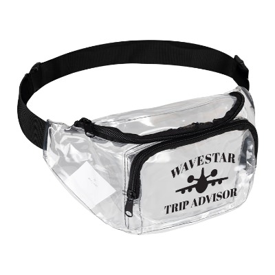 Clear with black fanny pack with customized imprint.