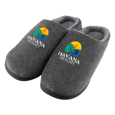 Gray slippers with custom full-color imprint.