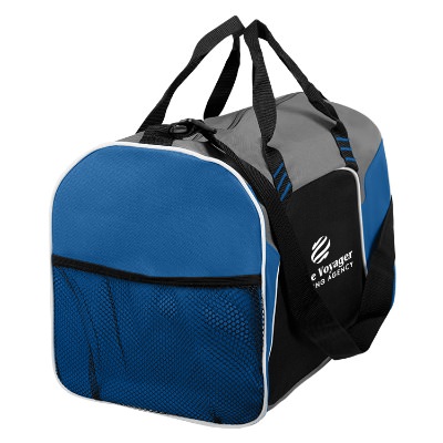 Blue gym bag with black and gray accents and white imprint.
