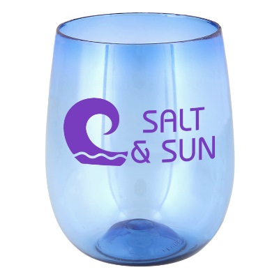 Plastic blue wine tumbler with custom logo.