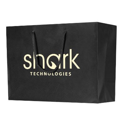 Kraft paper black 16 inch eurotote with foil logo.