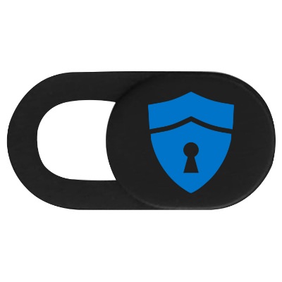 Plastic black webcam cover with a branded logo.