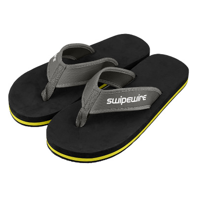 Black and gold flip flops with gray strap and custom logo.