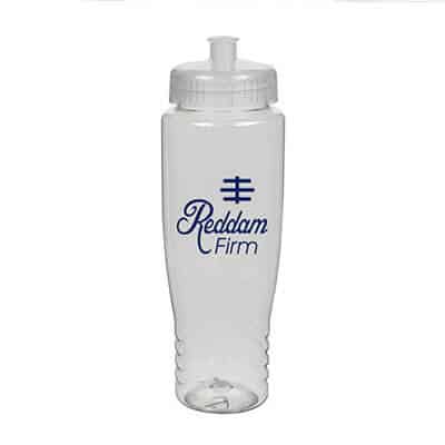 PET plastic clear water bottle with custom imprint and push pull lid in 27 ounces.