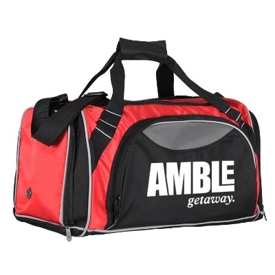 Polyester and dobby black and red weekender duffel with imprint.