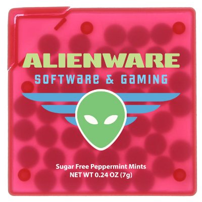 Branded full color square translucent red credit card mints.