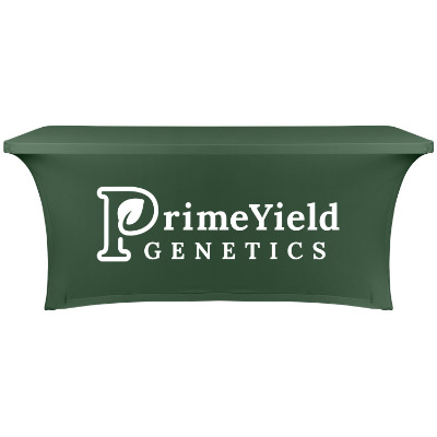 6 foot stretch fitted polyester table cover with one-color imprint on front.