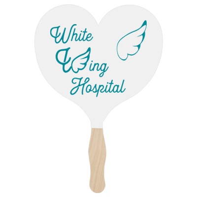 Heart shaped hand fan with custom imprint.